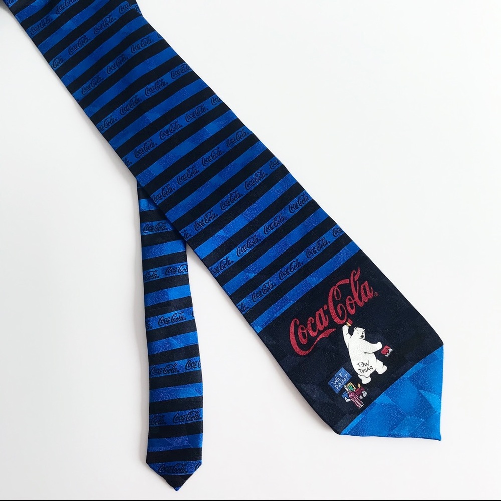 Coca Cola Vintage 90’s Logo Black Blue Striped Polar Bear Men’s Tie